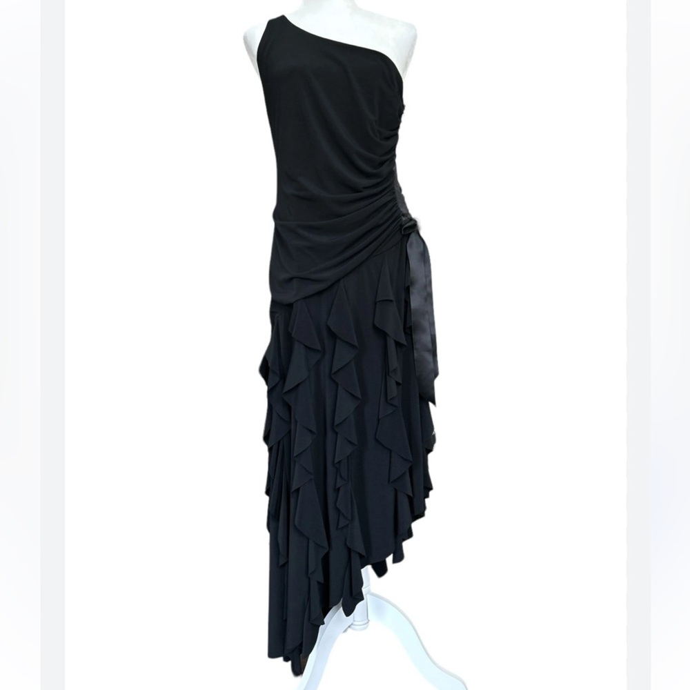 Scott McClintock Black One Shoulder Midi Dress